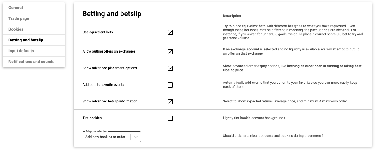 Innstillinger Betting and betslip