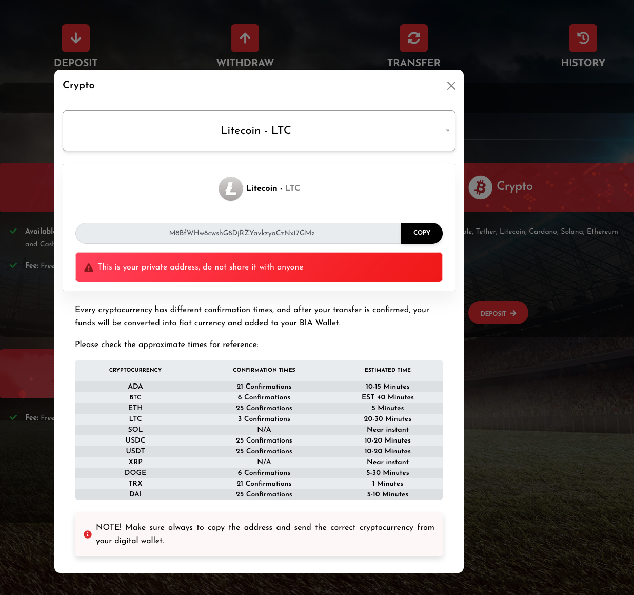 BetInAsia deposit LTC