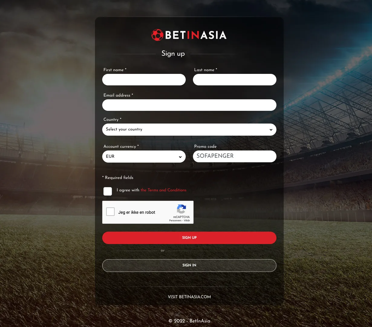 BetInAsia register account