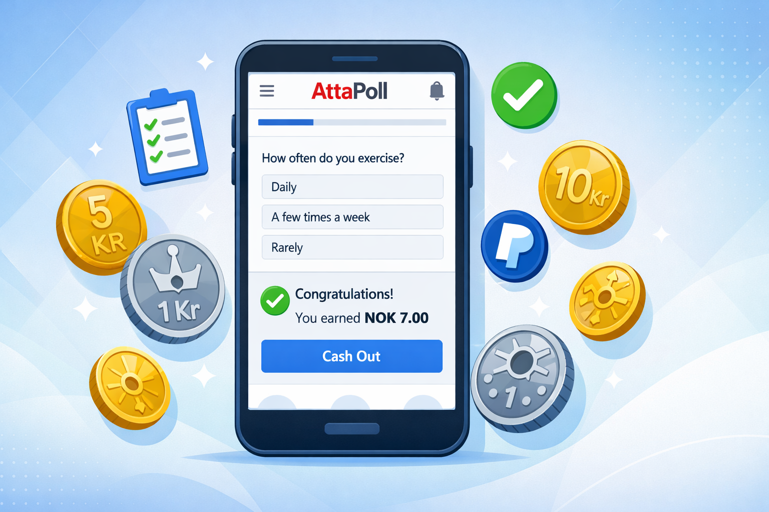 AttaPoll app på mobil med spørreundersøkelser og inntjening